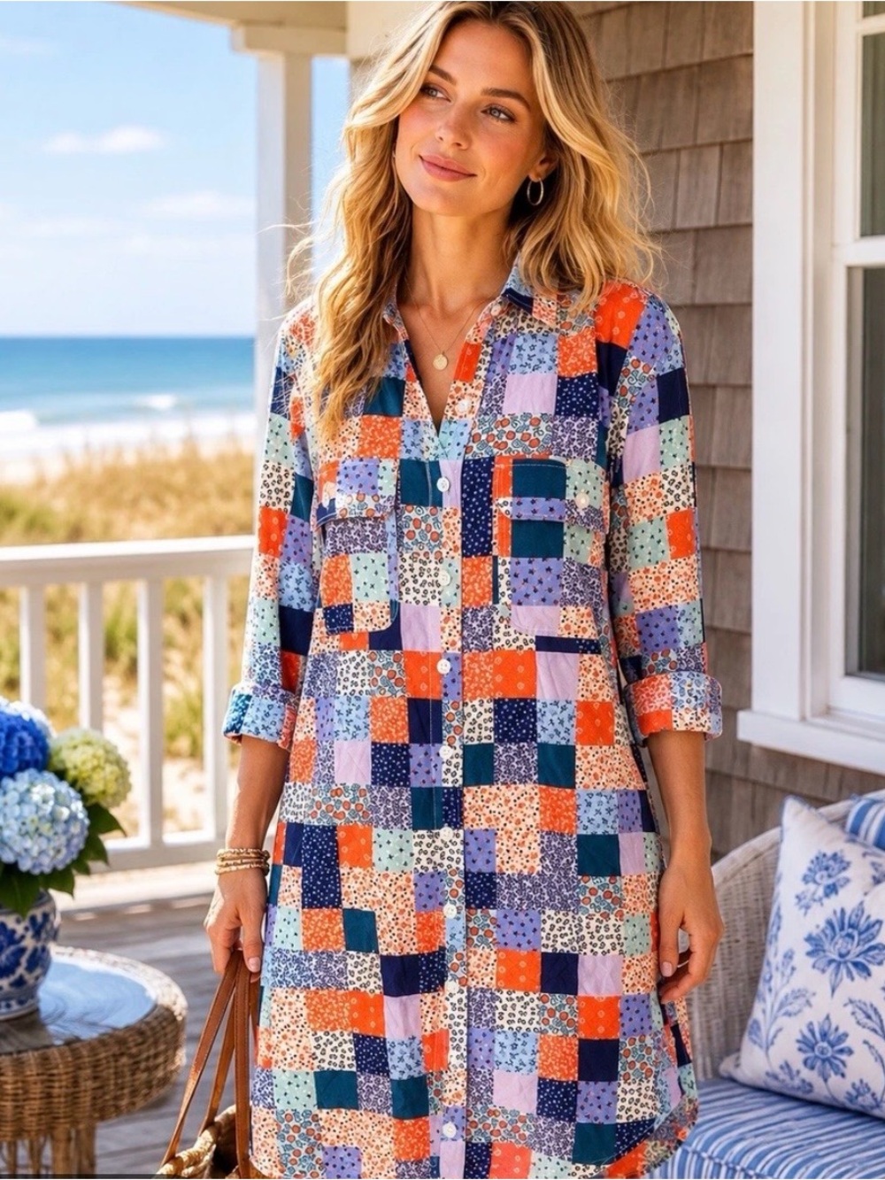 Lands’ End Patchwork Cotton Button-Front Shirt Dress in Navy, Orange & Mint